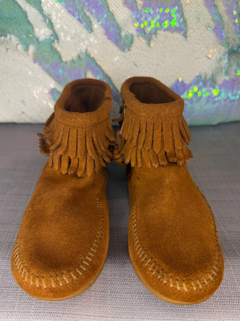 Minnetonka Tan Double Fringe Side Zip Boot (Girls Size 3)